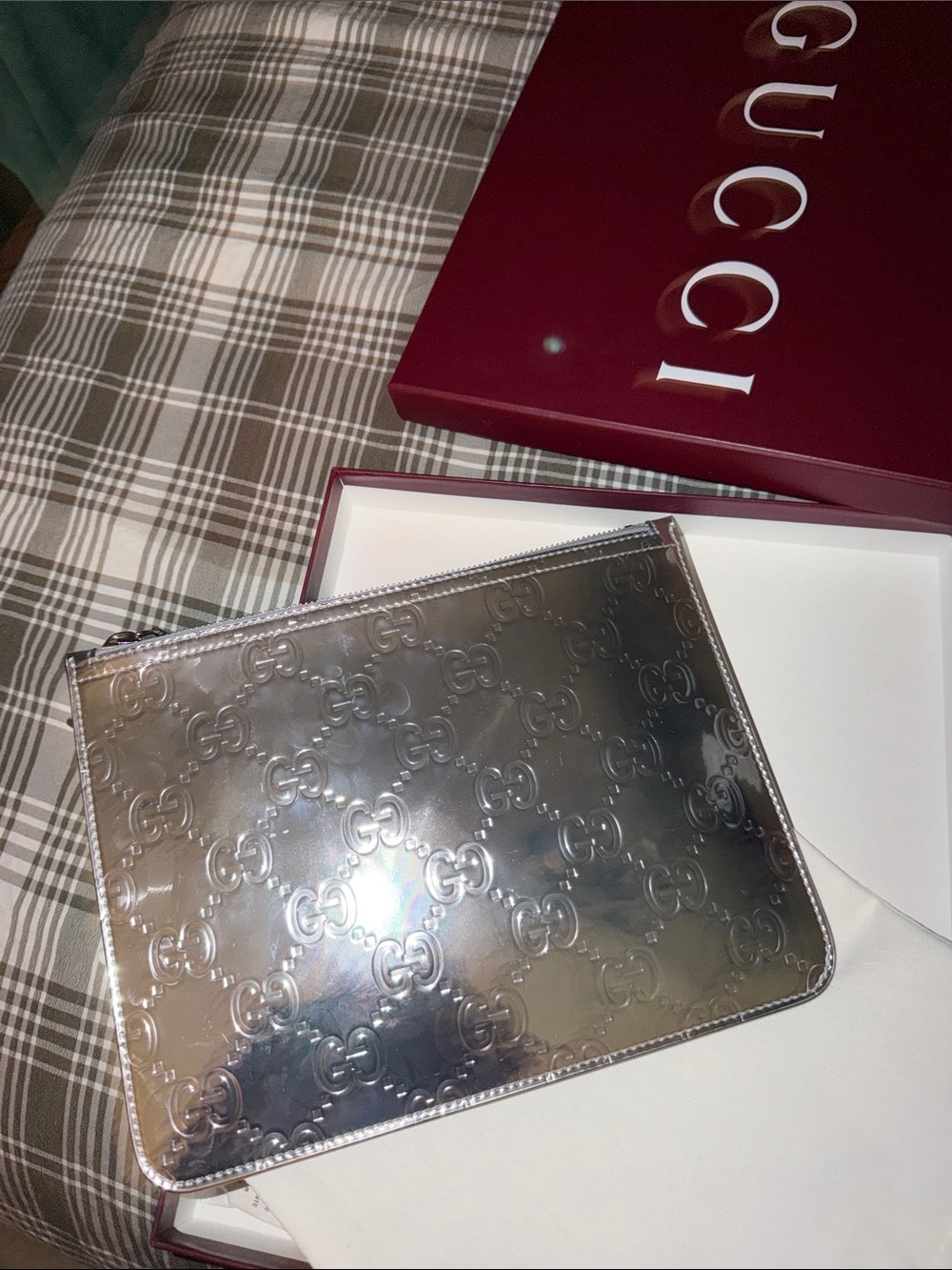 Gucci Silver Embossed GG Leather Zip Pouch